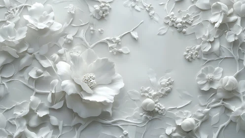 White floral bas relief sculpture fills frame with soft depth