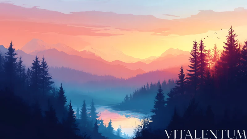 Soft sunrise colors paint a tranquil forest lake valley