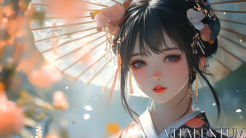 Elegant anime girl in kimono with parasol and blossoms.