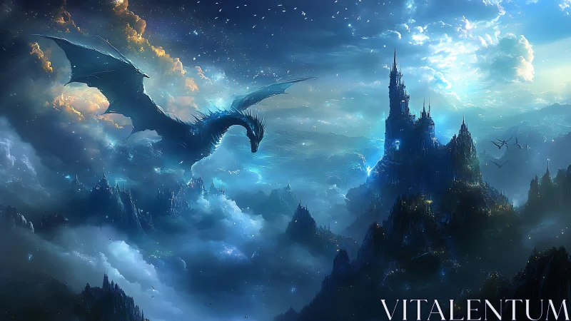 Digital painting of stormlit dragon siege on arcane mountain citadel.