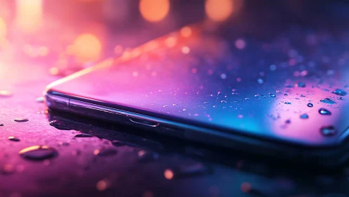Water resistant smartphone on wet surface in neon bokeh light