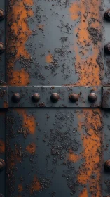 Rusted metal panels show corroded rivets and flaking surface