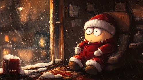 Snowy Christmas child watches storm from warm doorway.