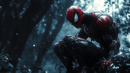 Crouching red-suited vigilante rendered in moody forest lighting