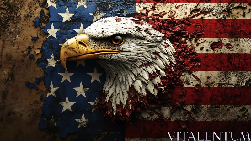 Weathered bald eagle relief over distressed US flag wall.