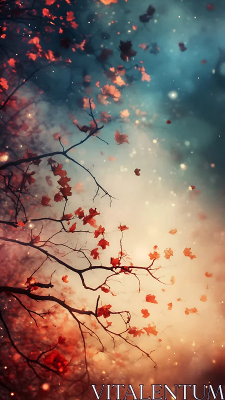 Autumn tree branches with scattered red leaves in misty light.