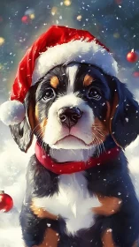 Christmas puppy portrait with falling snow and lights.