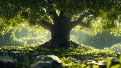 Large deciduous tree stands centered in diffuse forest light