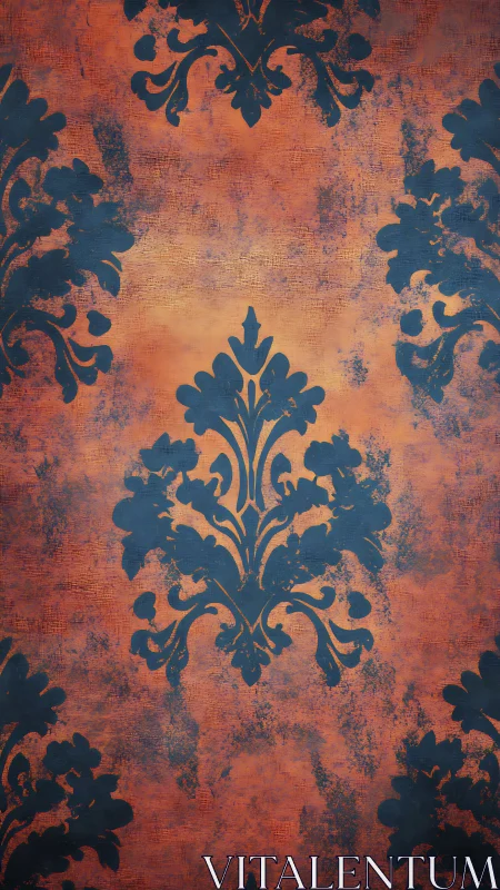 Ornate navy damask motif on distressed terracotta ground