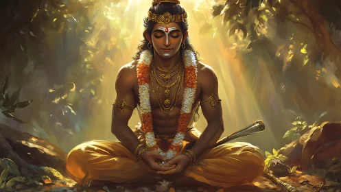 Meditating forest prince sits in golden light shafts