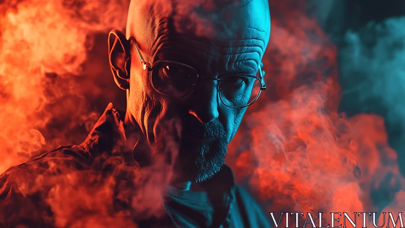 Bald male figure in glasses amid dense colored smoke.