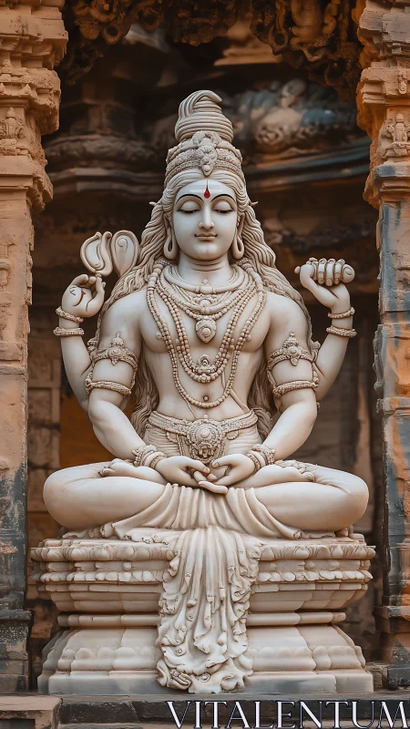 Stone stillness hums as serene deity watches passing time