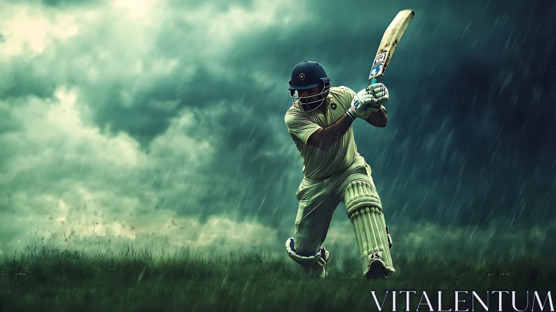 Stormlit cricket warrior driving against the rain&rsquo;s roar.