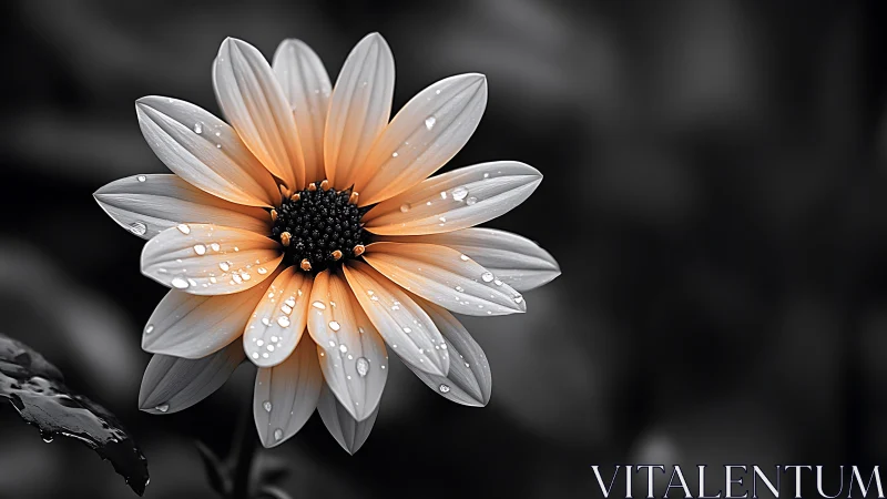 Orange and white daisy with water droplets on dark background.