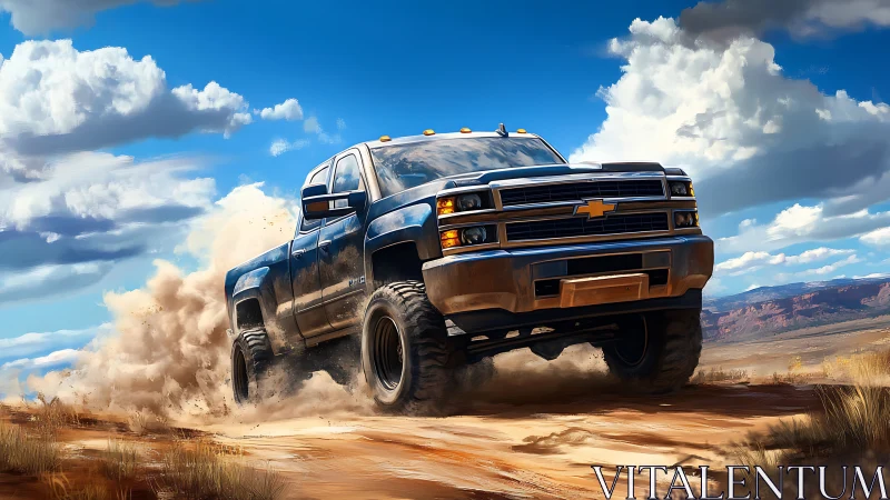 Lifted blue pickup truck powers through dusty desert trail
