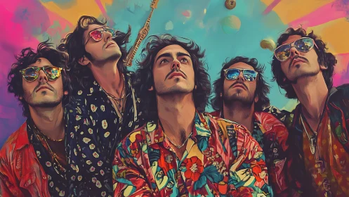Digital painting portrait of psychedelic mirrored band lineup.