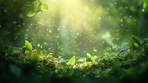 Magical forest glade with glowing fireflies and sunbeams, ethereal style.