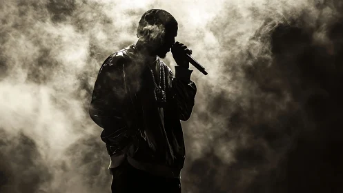 Backlit hip-hop vocalist silhouetted in dense stage fog