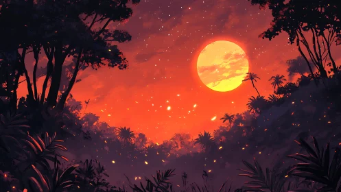 Scarlet jungle valley under glowing full moon sky.