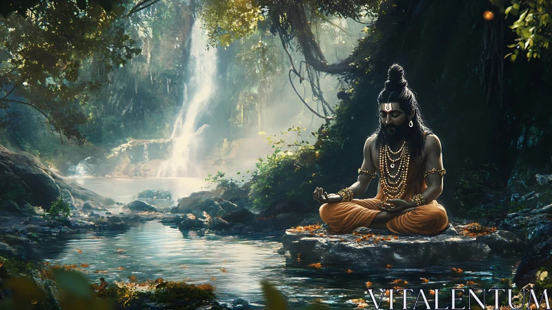 Forest sage in molten gold robes by whispering waterfall.