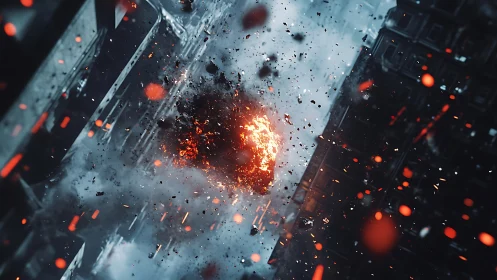 Urban explosion with debris and ember dispersal.