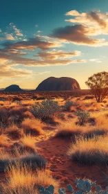 Sunlit desert path leading toward quiet red rock giants.