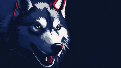 Stylized husky head illustration on dark blue background.