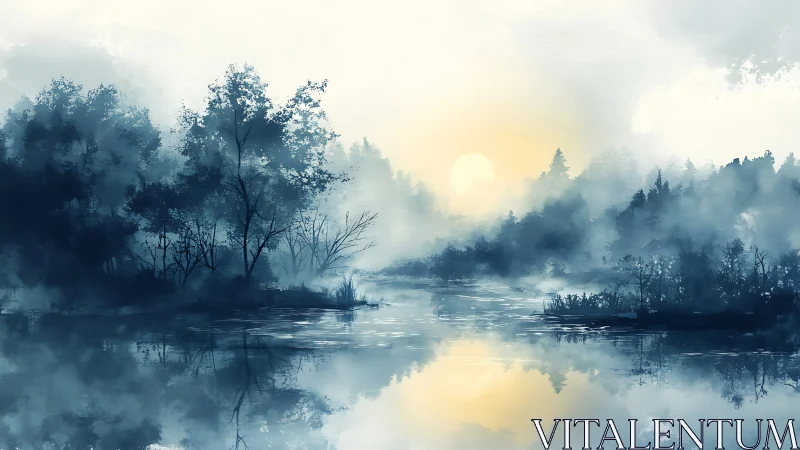 Soft sunrise over a misty lake wrapped in quiet forest calm.