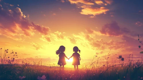 Two young friends holding hands beneath a glowing sunset sky.