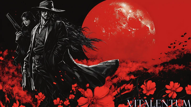 Crimson moon crowns two gun-shadows in a storm of flowers