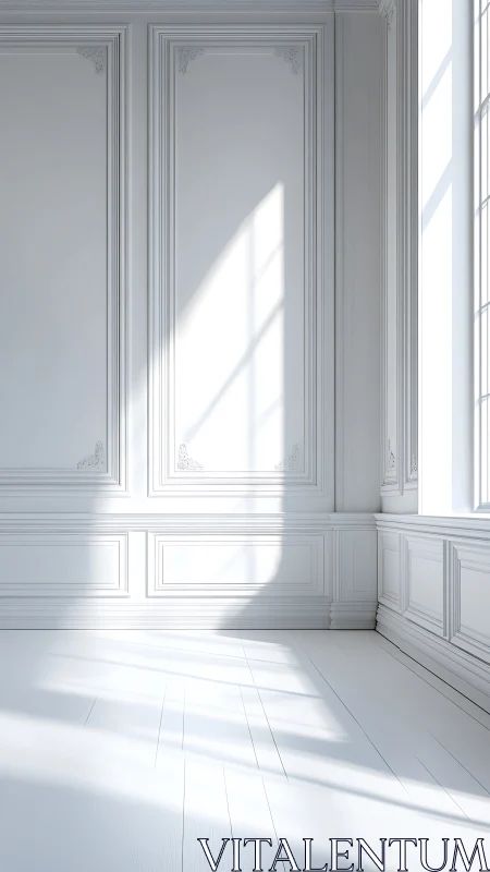 Sunlit white paneled interior with shadowed floor surface.