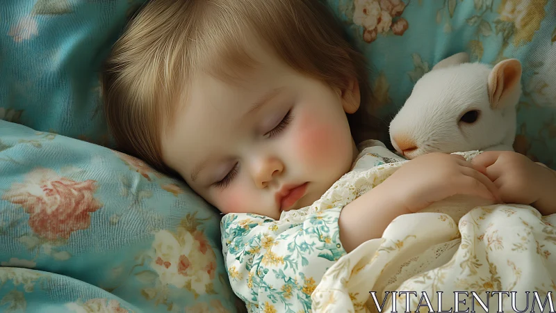Sleeping child cuddles white bunny on floral bedding.