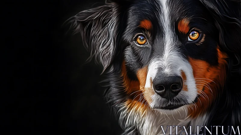 Copper-eyed mountain dog quietly carves light from shadow