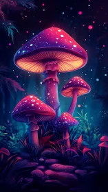 Neon forest mushrooms holding quiet midnight council together.