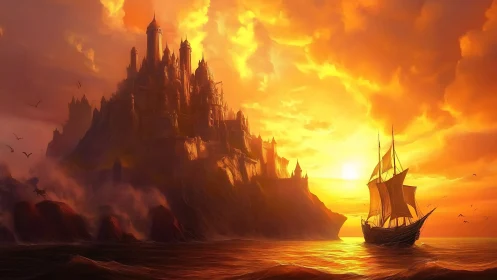 Golden sunset welcomes a tall ship to a radiant cliff castle