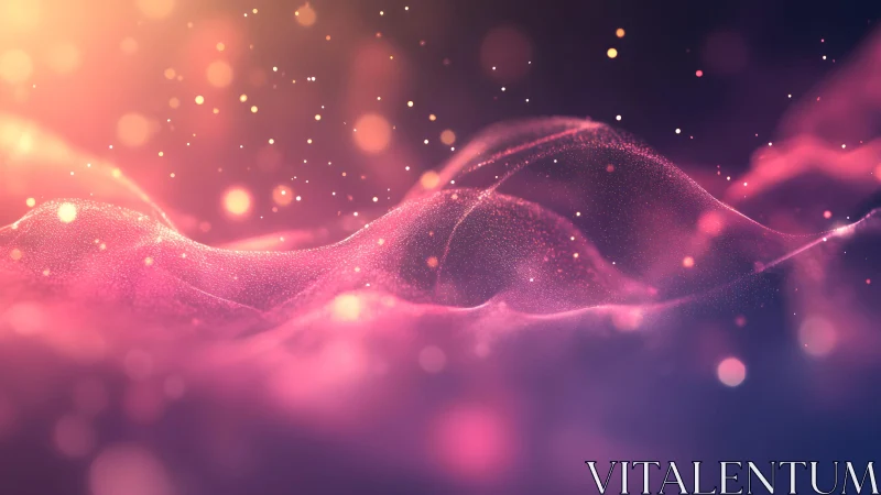 Abstract glowing waves with particles in vibrant pink and orange hues.