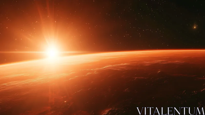 Solar dawn ignites a molten-red alien horizon in silence.