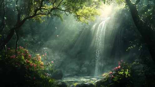 Lush forest waterfall with volumetric light and floral foreground