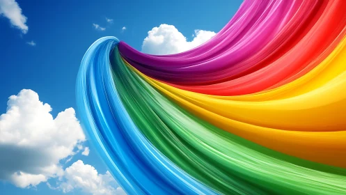 Skybound color ribbon arcs across clouds in vivid motion.