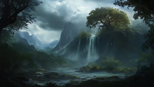 Misty Mountain Waterfall Valley Landscape.