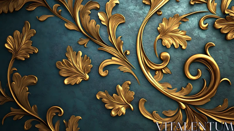 Ornate gold floral scrollwork on textured teal surface.
