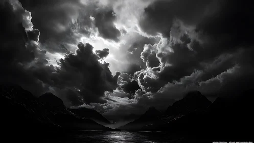 Storm-lit mountain lake beneath turbulent monochrome clouds.