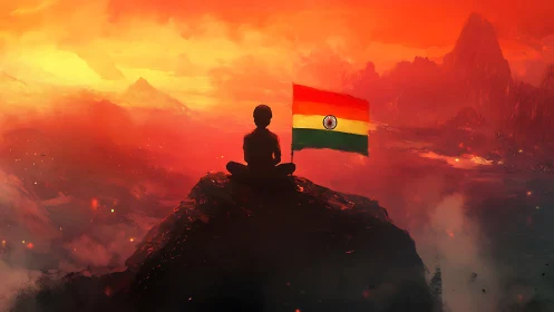 Solitary summit sage with Indian flag at ember dawn.