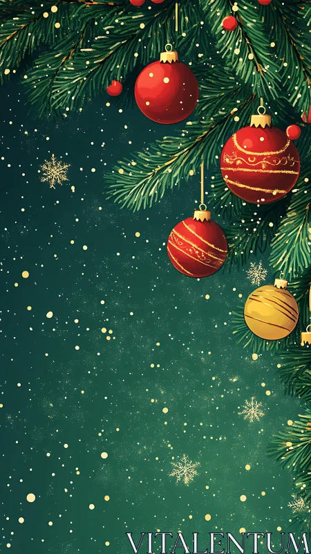 Vector spruce canopy with luminous Christmas ornaments cascade.