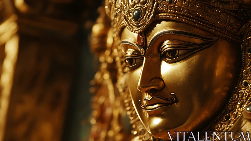 Gilded divine visage gleams in temple-shadowed silence.