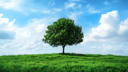 Lone Green Tree on Grassy Hill Under Bright Blue Sky, Realistic Style.