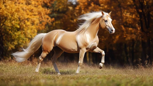 Palomino horse in suspended canter across autumn meadow.