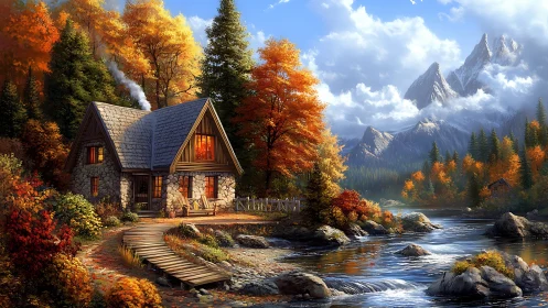 Cozy stone cabin glows beside an autumn river and peaks