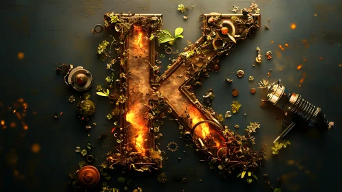 Glowing letter K wrapped in steampunk gears and greenery.