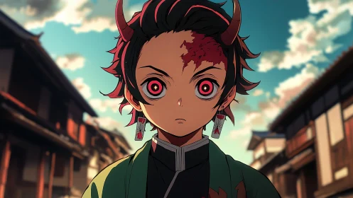 Horned anime boy with glowing eyes in old town street.